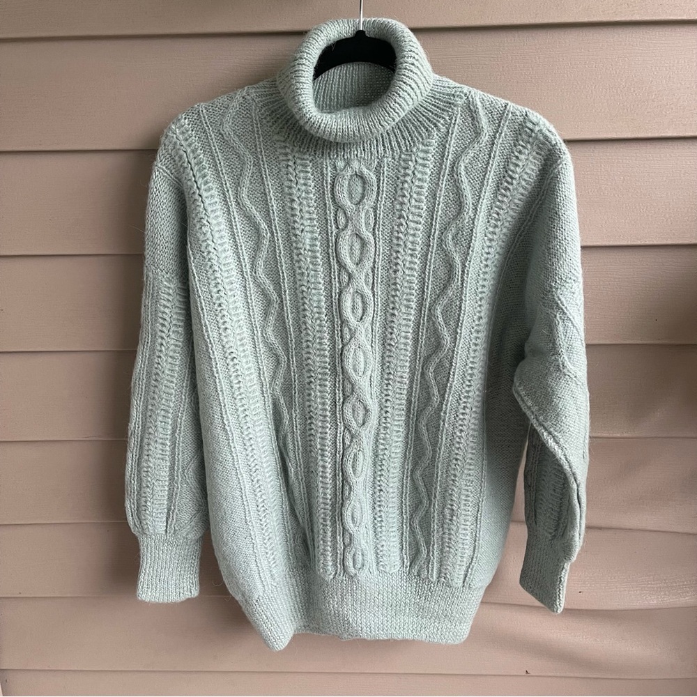 Roberta Frost Womens Green Alpaca Hand Knitted Turtleneck Sweater Size Small